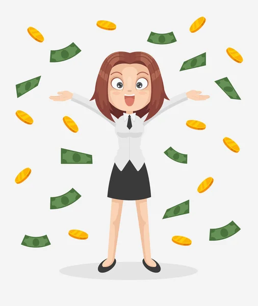 Happy, usmívající se office pracovník obchodních žena postava stojící pod peníze déšť. Plochý kreslené vektorové ilustrace — Stockový vektor