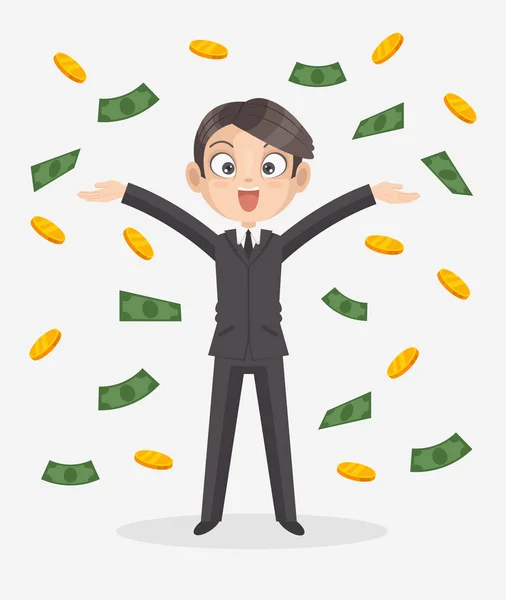Glücklich lächelnde Büroangestellte Geschäftsmann-Figur, die unter Geldregen steht. Vektor flache Cartoon-Illustration — Stockvektor