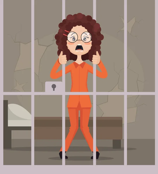 Triste infeliz llorando prisionera personaje mujer en la cárcel. Vector plano ilustración de dibujos animados — Vector de stock