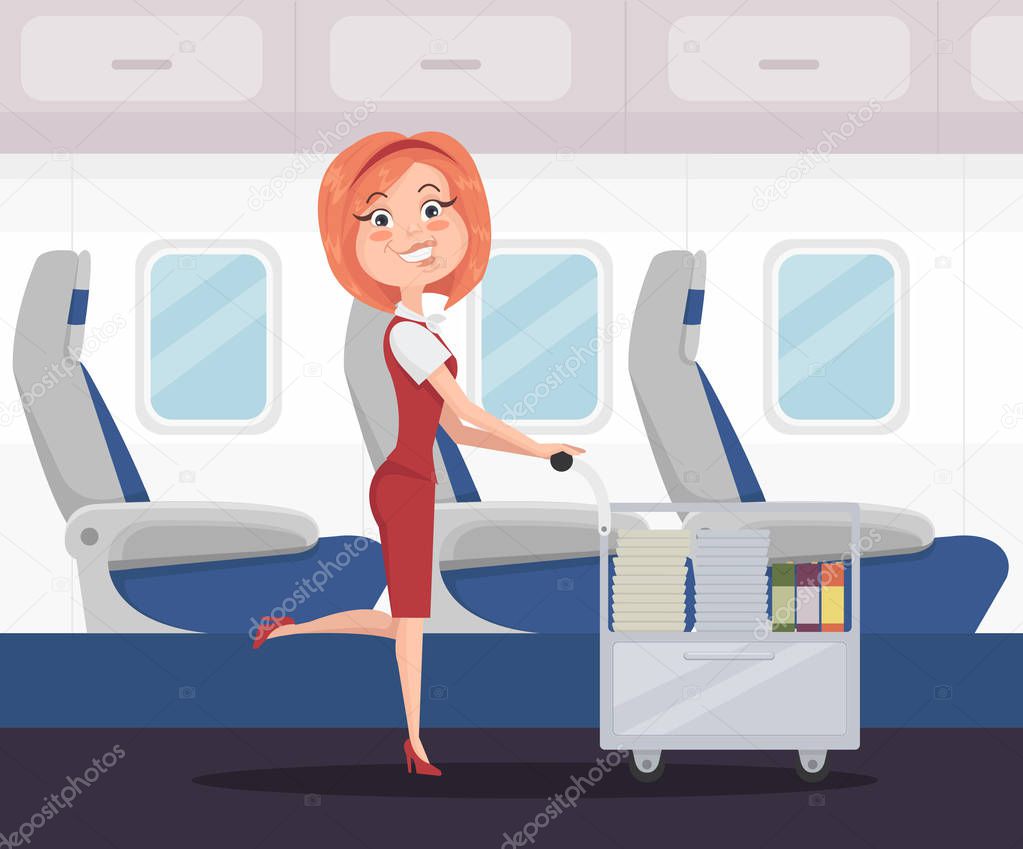 Smiling happy stewardess woman character carries food and drinks. Vector flat cartoon illustration