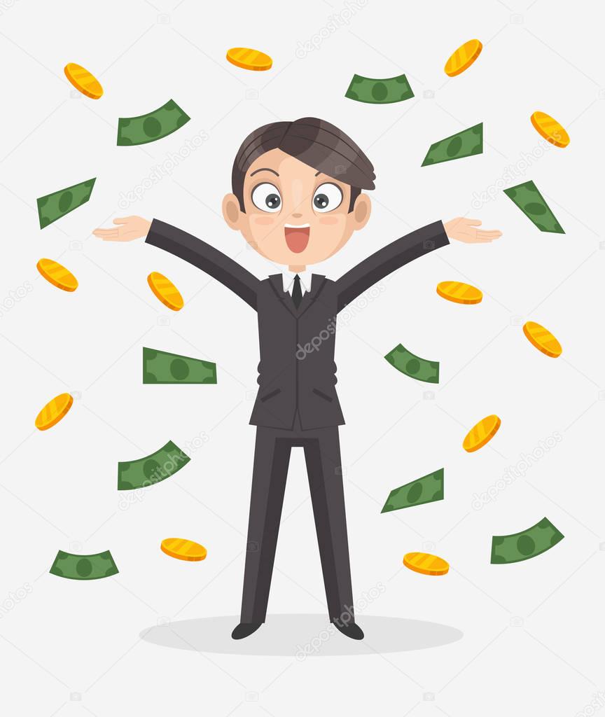 Happy smiling office worker businessman character standing under money rain. Vector flat cartoon illustration