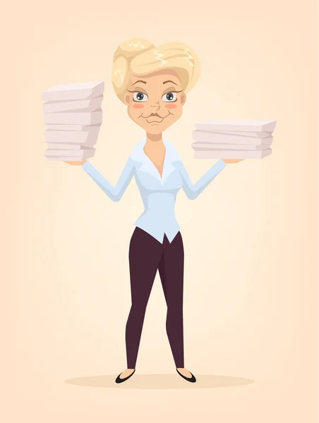 Vele werken gedaan. Happy glimlachend kantoor werknemer vrouw secretaris karakter. Vectorillustratie platte cartoon — Stockvector