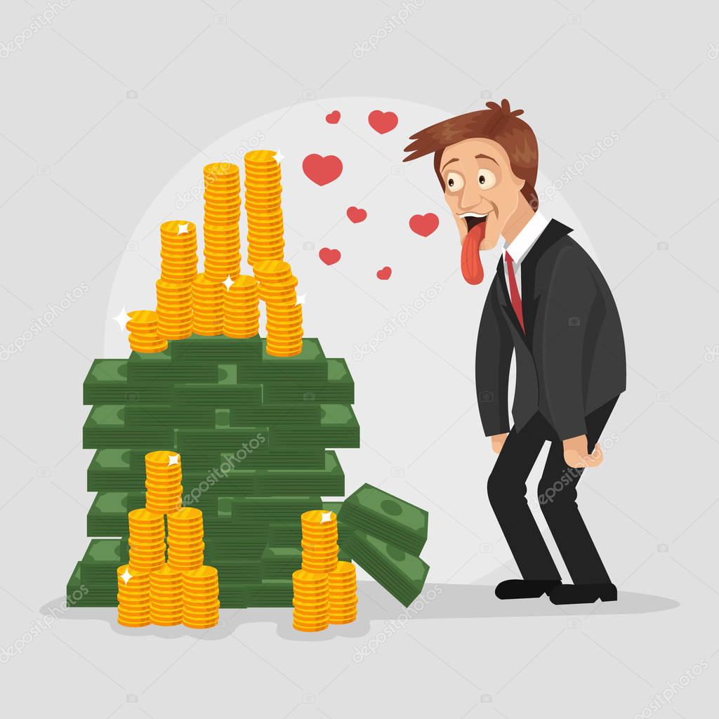 Happy smiling businessman character enjoying lot of money. Vector flat cartoon illustration