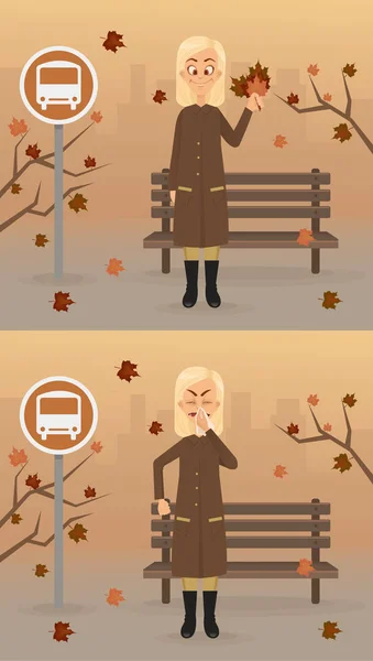 Fröhliche und traurige Mädchenfigur. Herbstzeit. Vektor flache Cartoon Illustration Set — Stockvektor