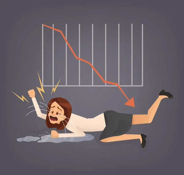 Woman office worker character cry. Business fail. Graph down. Vector flat cartoon illustration — Stock Vector
