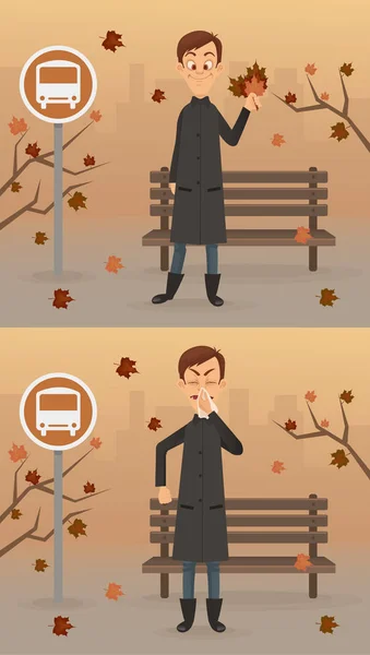 Charakter glücklicher und trauriger Menschen. Herbstzeit. Vektor flache Cartoon Illustration Set — Stockvektor