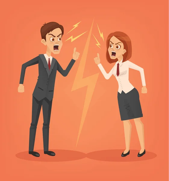 Muž a žena office pracovníků znaky hádání. Plochý kreslené vektorové ilustrace — Stockový vektor