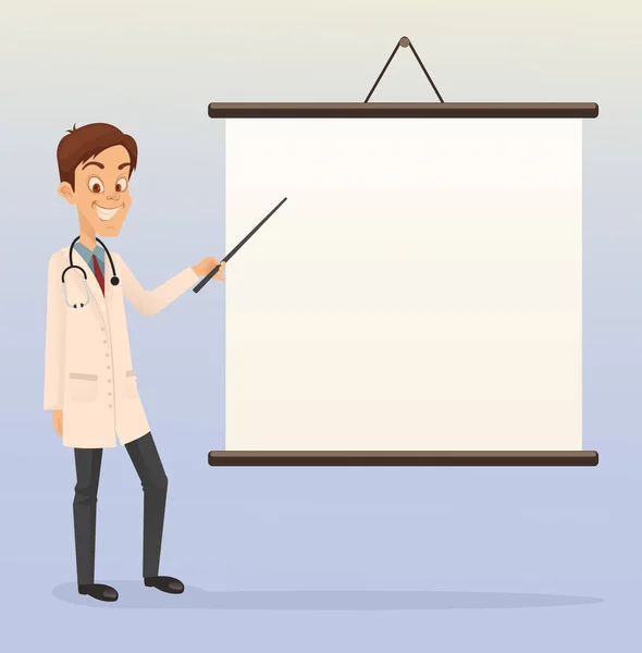 Arztfigur macht Präsentation und Pointe auf Whiteboard. Vektor flache Cartoon-Illustration — Stockvektor