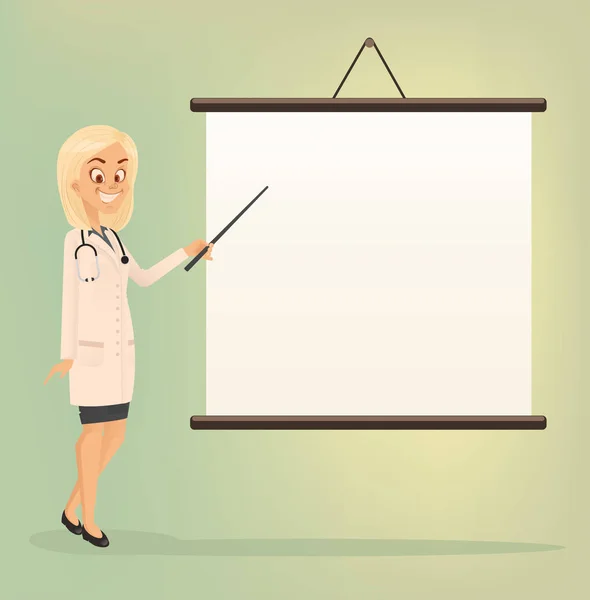 Doktor žena charakter tvorby prezentace a poukazují na bílé desce. Plochý kreslené vektorové ilustrace — Stockový vektor