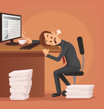 Zor iş. Yorgun mutsuz office çalışan adam karakter çalışmaya çalışıyorum. Vektör düz çizgi film illüstrasyon