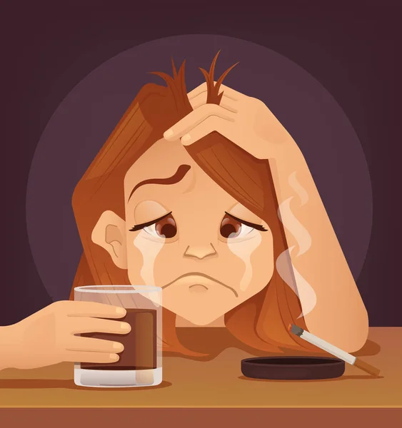 悲伤不快乐的年轻女人少年性格哭烟和饮料。矢量平面卡通插画 — 图库矢量图片