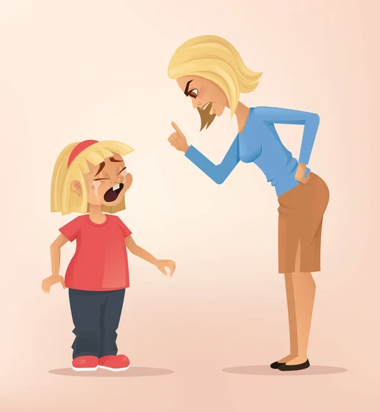 Enojado molesto personaje madre regaña a su hija llorando traviesa. Vector plano ilustración de dibujos animados — Vector de stock