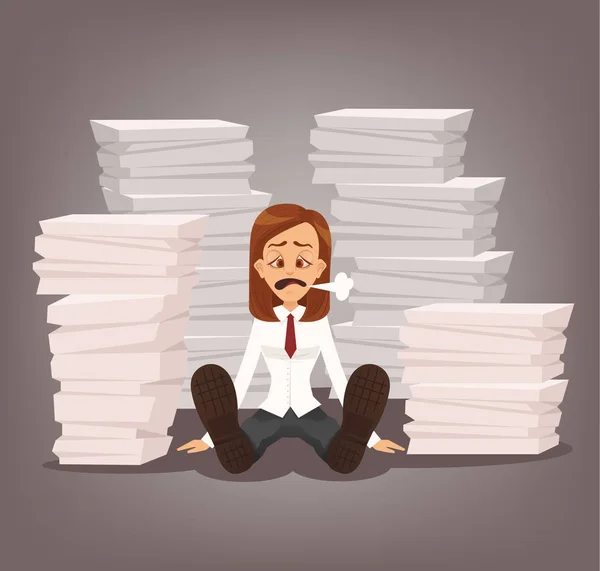 Fáradt boldogtalan office munkavállaló nő karakter ülő papíralapú dokumentumok között. Kemény munka. Vektor lapos rajzfilm illusztráció — Stock Vector