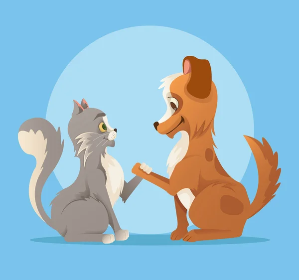 Gatto e cane personaggi migliori amici sorridenti e stretta di mano. illustrazione del fumetto piatto vettoriale — Vettoriale Stock