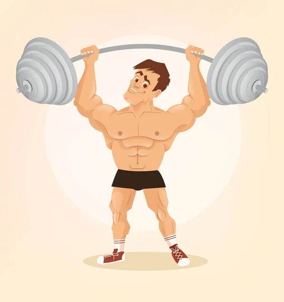 Glimlachend gelukkig bodybuilder man karakter liften barbell. Vectorillustratie platte cartoon — Stockvector