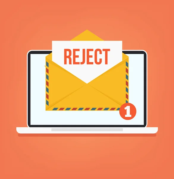 Abra o envelope com e-mail de palavra vermelha rejeitada. Ilustração de desenho animado plano vetorial —  Vetores de Stock