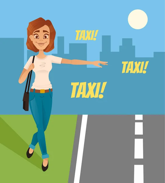 Ευτυχισμένη και χαμογελαστή γυναίκα προσπαθεί να πιάσει αυτοκινήτων ταξί. Επίπεδη καρτούν εικονογράφηση φορέα — Διανυσματικό Αρχείο