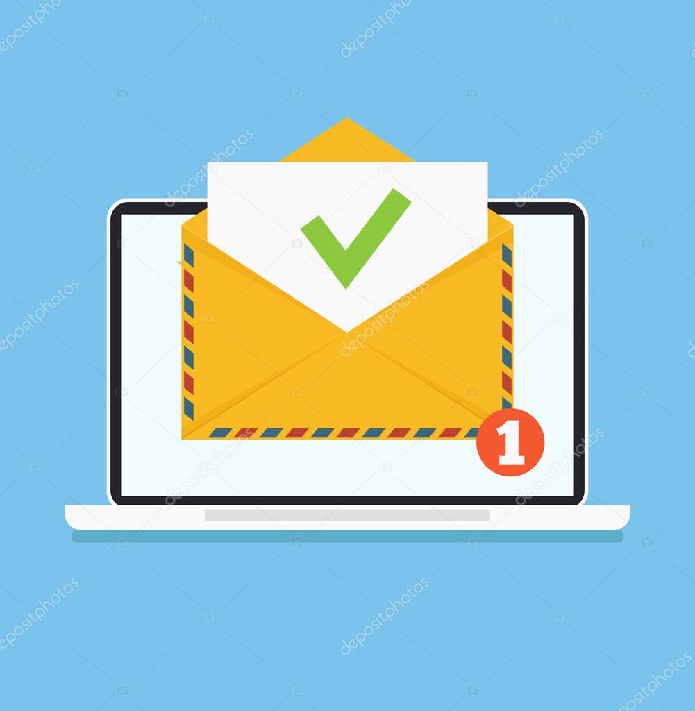 Open envelop with green tick doc email. Vector flat cartoon illustration