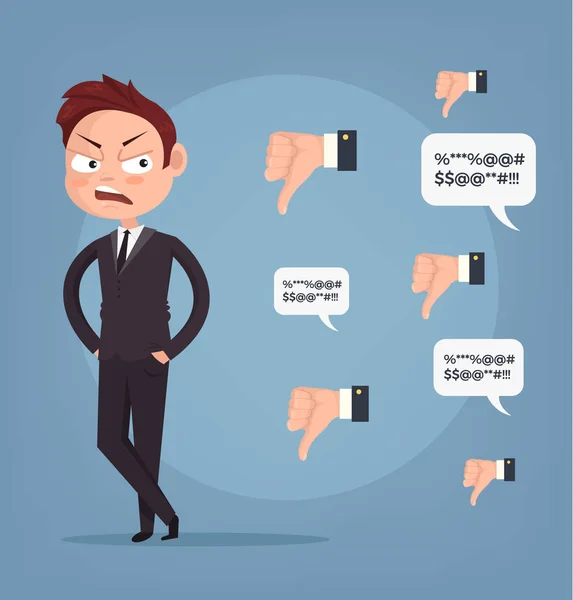 Sad unhappy unsuccessful business man office worker character mascot. Negative feedback dislike. Bad comments. Vector flat cartoon illustration — Stock Vector