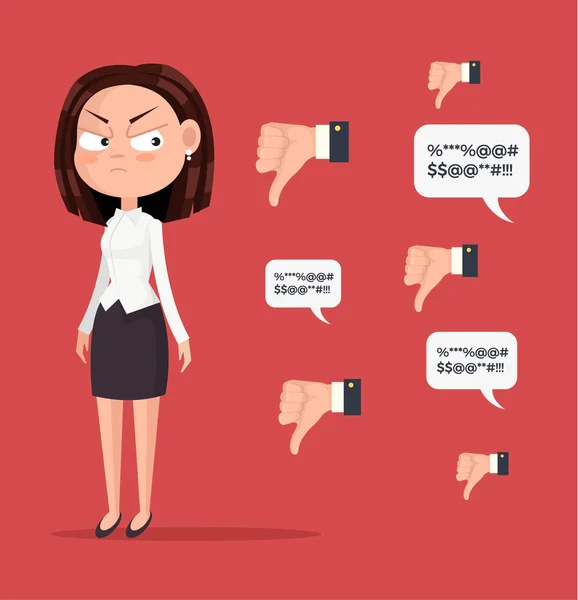 Sad unhappy unsuccessful business woman office worker character mascot. Negative feedback dislike. Bad comments. Vector flat cartoon illustration — Stock Vector