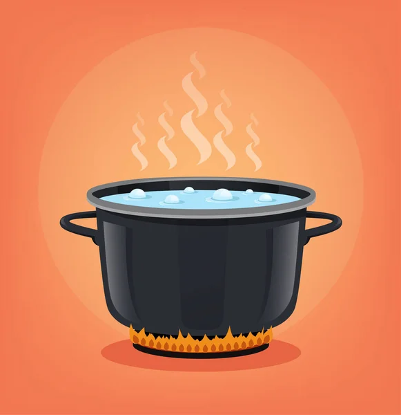 Eau bouillante dans une casserole noire. Concept de cuisine. Illustration vectorielle de dessin animé plat — Image vectorielle