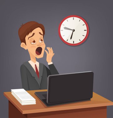 Yorgun üzgün meşgul ofis işçi adam karakter esneme. Vektör düz çizgi film illüstrasyon