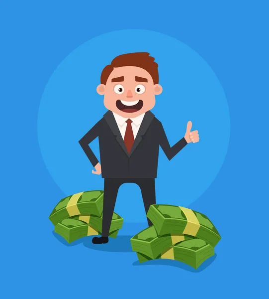 Glücklich lächelnde reiche Geschäftsmann Büroangestellte Figur, die neben Haufen Geld steht. Vektor flache Cartoon-Illustration — Stockvektor