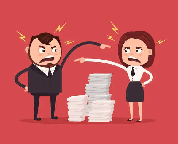 Man and woman colleagues office workers characters quarreling. Bad teamwork. Vector flat cartoon illustration — Stock Vector