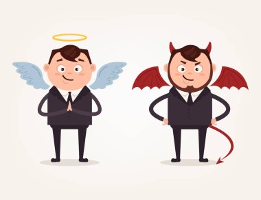 Melek ve şeytan işadamı ofis işçi karakter. İyi ve kötü. Vektör düz çizgi film illüstrasyon