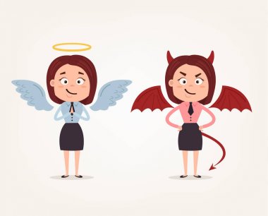 Melek ve şeytan iş kadın ofis işçi karakter. İyi ve kötü. Vektör düz çizgi film illüstrasyon