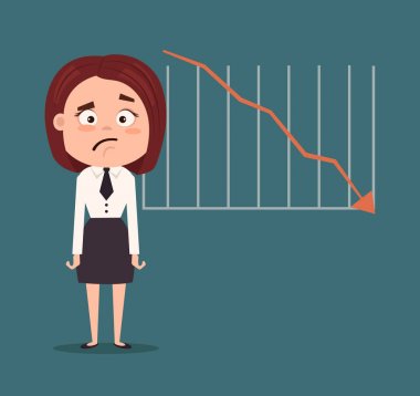 Sad unhappy manager office worker business woman with graph down. Financial crisis. Vector flat cartoon illustration clipart