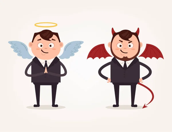 Angyal és ördög üzletember irodai dolgozók karakterek. Jó és rossz. Vektor lapos rajzfilm illusztráció — Stock Vector
