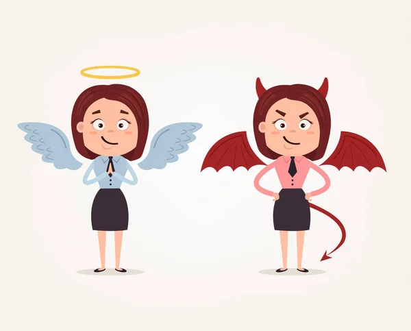 Angel and devil business woman office workers characters. Good and bad. Vector flat cartoon illustration — Stock Vector