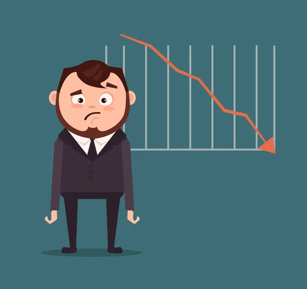 Triste gerente infeliz empresário trabalhador de escritório com gráfico para baixo. Crise financeira. Ilustração de desenho animado plano vetorial —  Vetores de Stock