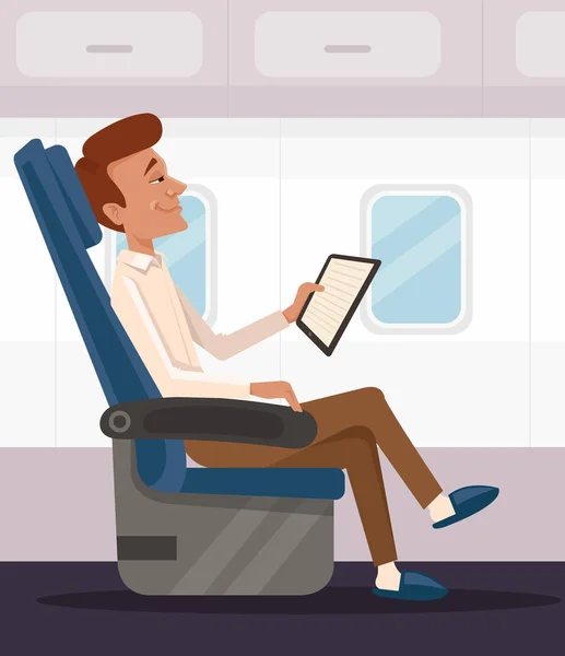 Happy smiling businessman office worker character read and relaxing in airplane business class. Vector flat cartoon illustration — Stock Vector