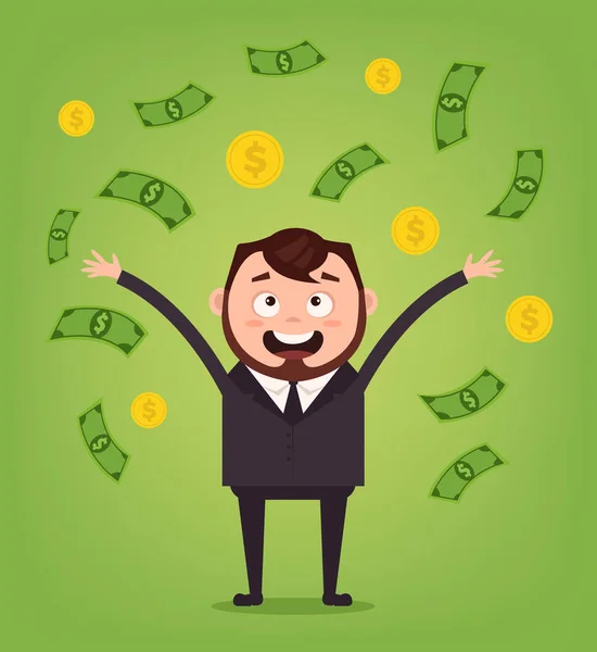 Happy χαμογελώντας επιχειρηματίας Γραφείο εργαζόμενος χαρακτήρα στέκεται κάτω από βροχή χρήματα. Πλούσιος άνθρωπος. Καλό μισθό. Επίπεδη καρτούν εικονογράφηση φορέα — Διανυσματικό Αρχείο