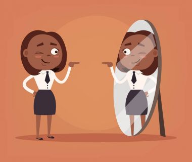 Happy smiling narcissistic black African American business woman office worker character looks at mirror. Vector flat cartoon illustration clipart
