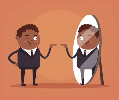 Happy smiling narcissistic black African American businessman office worker character looks at mirror. Vector flat cartoon illustration clipart