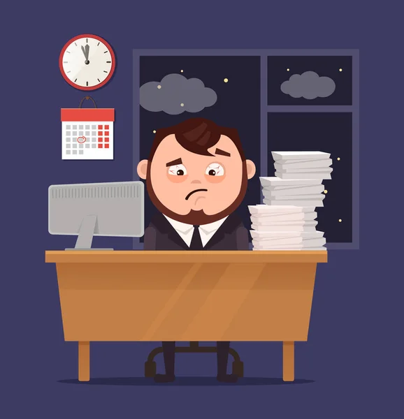 Unhappy sleepy sad office worker businessman character has lot of hard work. Vector flat cartoon illustration — Stock Vector