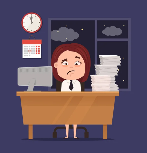 Mutsuz uykulu üzgün ofis işçi iş kadın karakter çok çalışmak vardır. Vektör düz çizgi film illüstrasyon