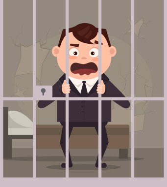 Üzgün mutsuz ağlayan tutuklu işadamı office işçisi karakter hapiste. Vektör düz çizgi film illüstrasyon
