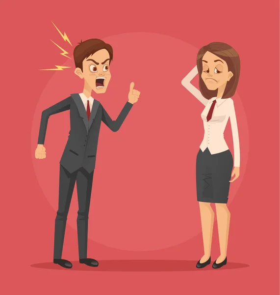 Boze man baas karakter schreeuwen tegen werknemer vrouw kantoorbediende. Vectorillustratie platte cartoon — Stockvector
