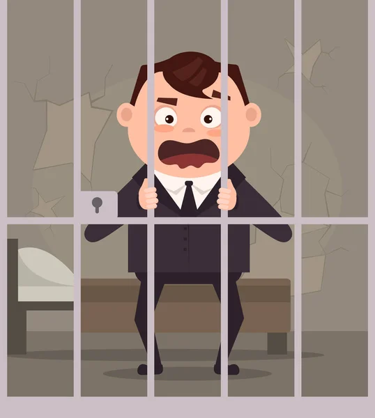 Triste infeliz llorando prisionero empresario oficinista personaje en la cárcel. Vector plano ilustración de dibujos animados — Vector de stock