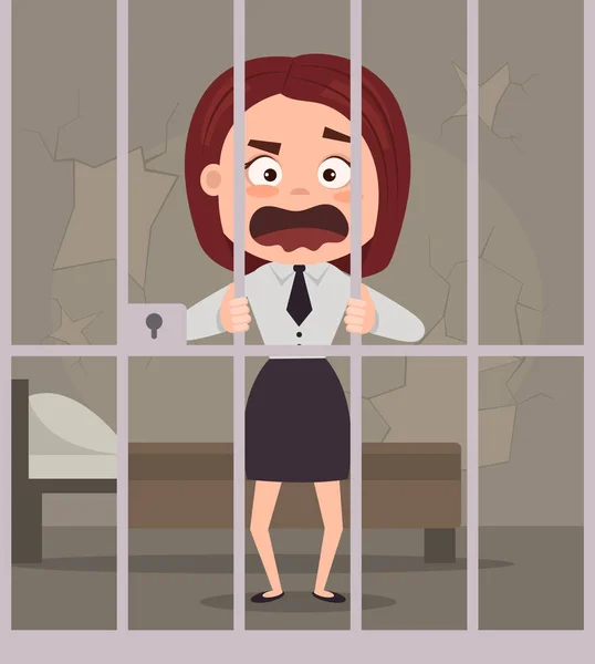 Triste infeliz llorando prisionero de negocios oficinista mujer personaje en la cárcel. Vector plano ilustración de dibujos animados — Vector de stock