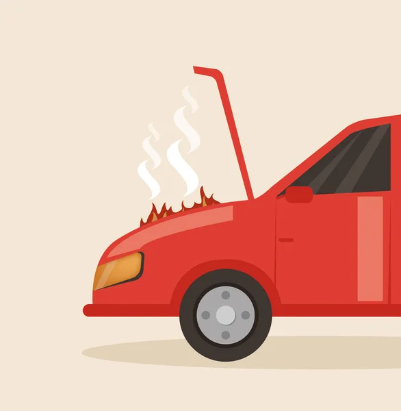 フードが開き、赤い車が壊れてください。ベクトル フラット漫画イラスト — ストックベクタ