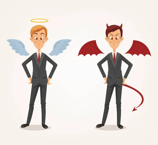 Personagens de trabalhadores de escritório anjo e diabo empresário. Bom e mau. Ilustração de desenho animado plano vetorial — Vetor de Stock