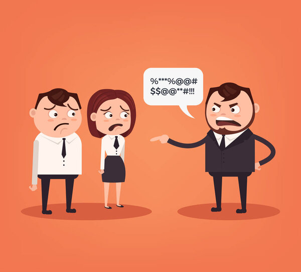 Angry boss character yelling at employee characters. Vector flat cartoon illustration