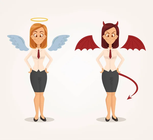 Angel and devil business woman office workers characters. Good and bad. Vector flat cartoon illustration — Stock Vector