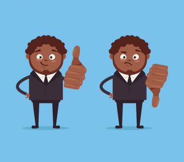 Mutlu hoşlandığı ve hoşlanmadığı şeyleri jest işaret gülümseyen ve öfkeli üzgün işadamları Afro-Amerikan office çalışan karakterleri göster. Vektör düz çizgi film illüstrasyon