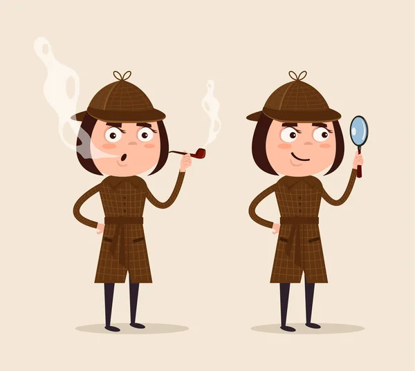 Smiling detective woman character looking through magnifying glass and smoking pipe. Vector flat cartoon illustration — Stock Vector